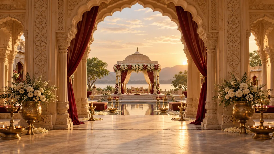 A sandstone palace arch framing a flower-filled wedding courtyard